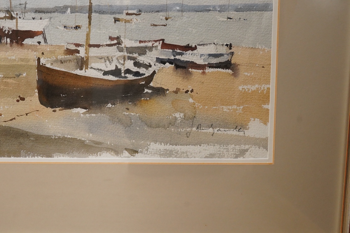 20th century School, Beach scene with sailing boats, indistinctly signed, watercolour, 34 x 47cm